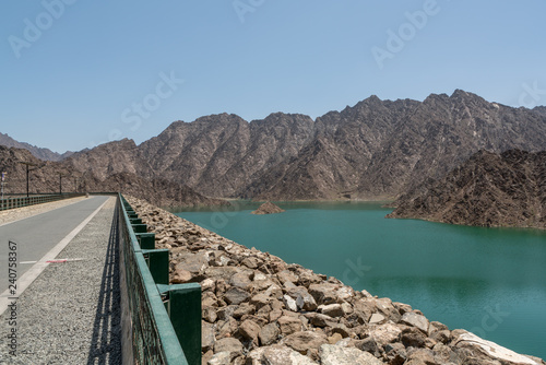 Hatta Dam and reservoir in Hatta, an enclave of the emirate of Dubai in the Hajar Mountains, United Arab Emirates.