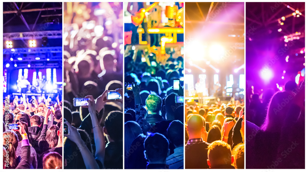Rock concert, silhouettes of happy people raising up hands. Collage. The music, party, event, festival, dance, entertainment and nightclub concept