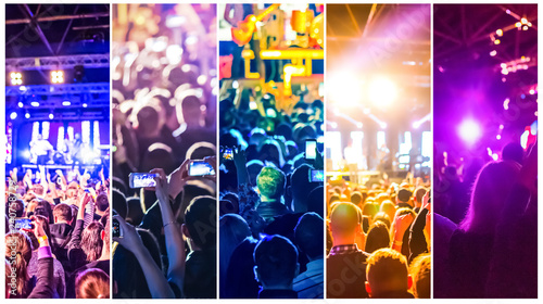 Rock concert, silhouettes of happy people raising up hands. Collage. The music, party, event, festival, dance, entertainment and nightclub concept photo