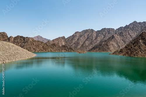 Hatta Dam in Hatta, an enclave of the emirate of Dubai in the Hajar Mountains, United Arab Emirates.