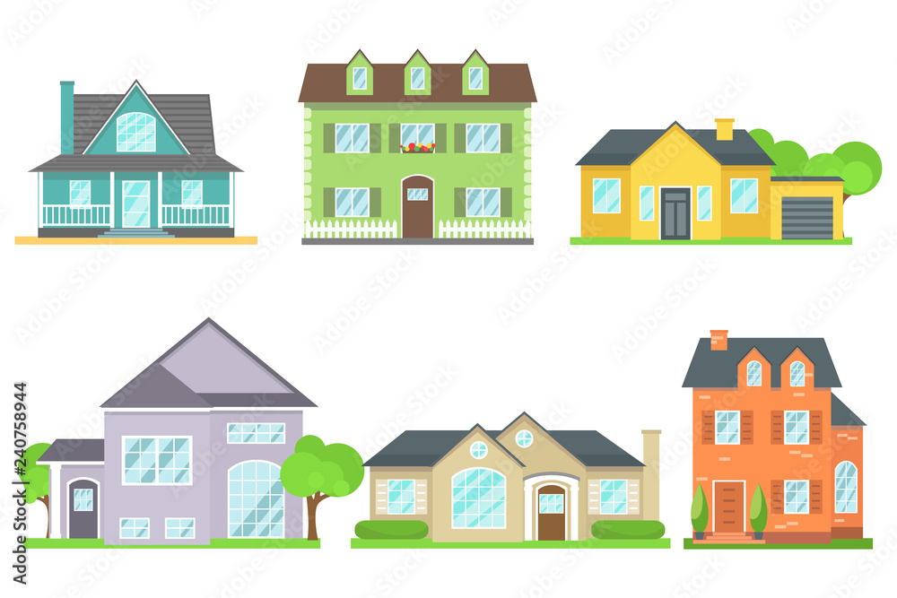 House view from the front, roof, windows, doors.  Vector illustration in a flat design, house icon isolated on white background.