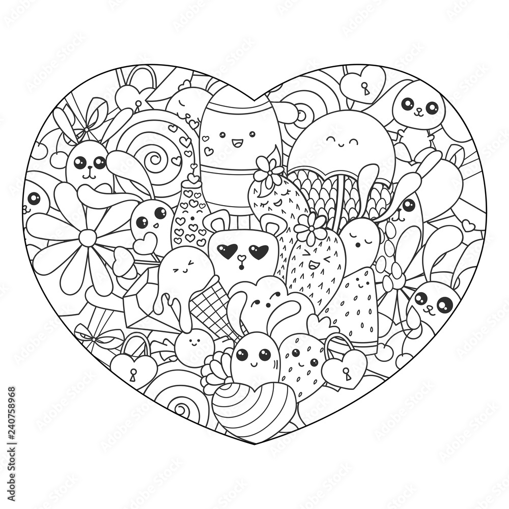 Doodle art in the shape of heart with ice cream, sweets and kawaii ...