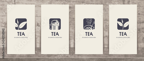 Set of four vector business cards with drawings on the theme of tea. Tea is always a good idea