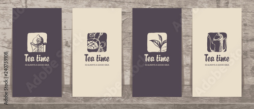Set of four vector business cards with drawings on the theme of tea time and calligraphic inscriptions. Tea is always a good idea