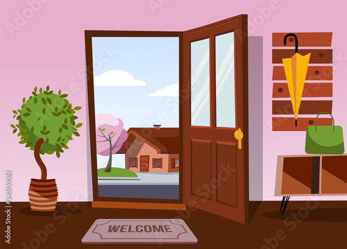 The interior of hallway in flat cartoon style with open door overlooking winter landscape with small snowy house and tree.Hanger with down jacket and mittens on wall. Soft bench stands under coat rack
