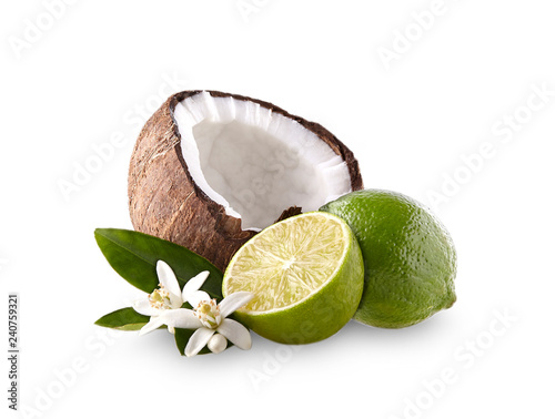 Coconut  with limes on the white background