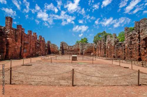 Main nave of the convent seen from the inside towards the pulpit with a clear day in San Ignacio ruins, Misiones, Argentina photo