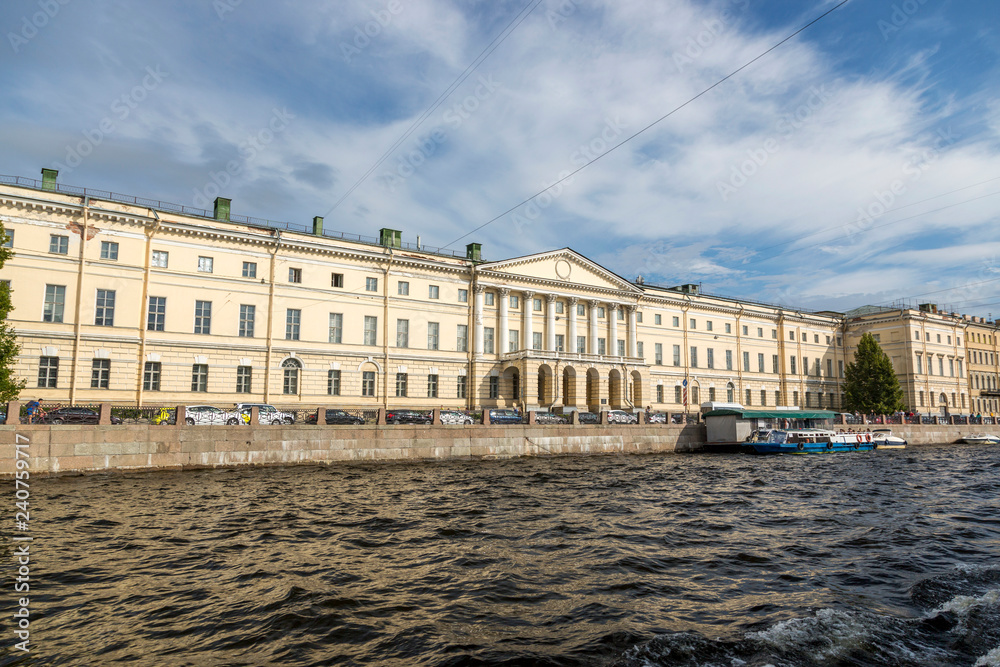 View of the embankment of the Fontanka River from the pleasure boat in St. Petersburg