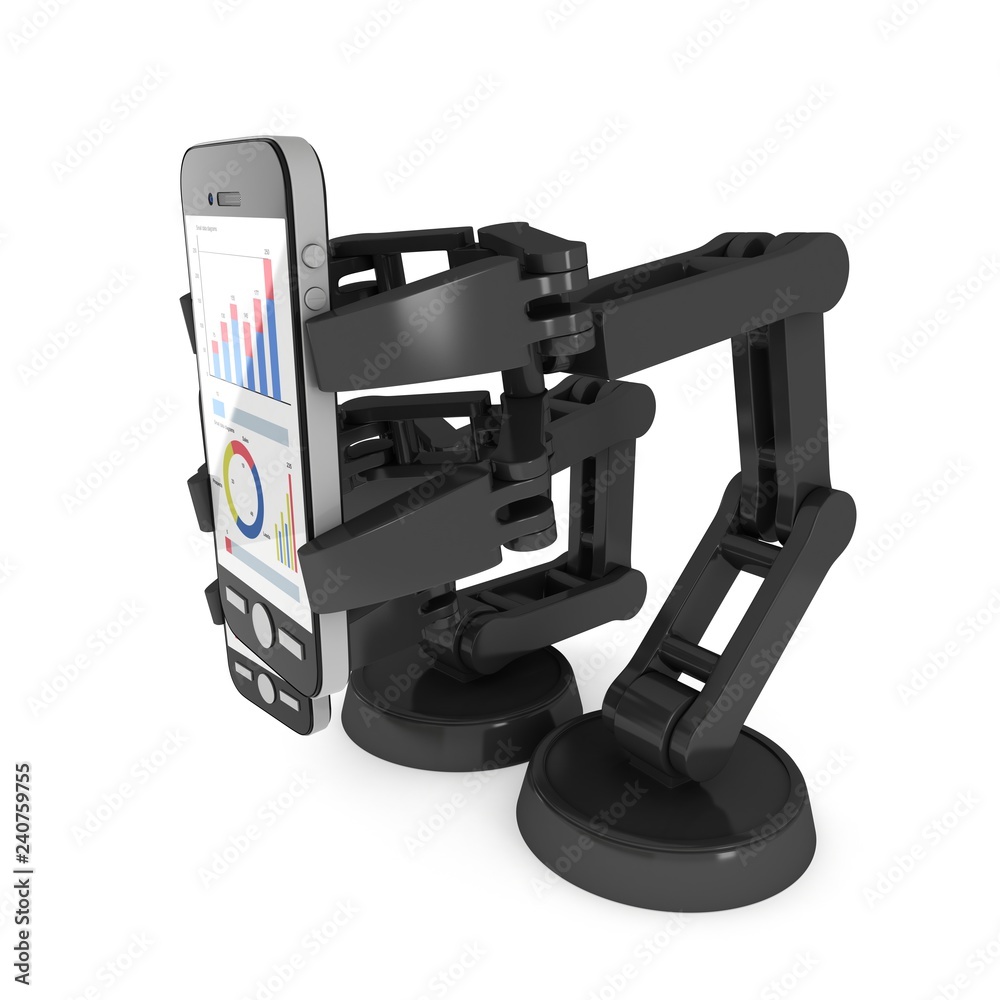 Robotic arm hold smartphone with big data. Manufacture technology industry assembly mechanic hand 3d render illustration isolated on white Robotic arm hold smartphone with big data. Manufacture technology industry assembly mechanic hand 3d render illustration isolated on white