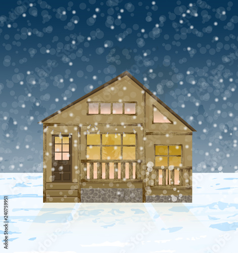 Wood house facade in winter Vector. Snowing background illustrations