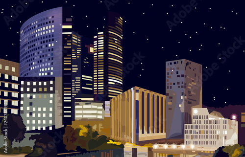 Business center at night Vector. La Defense Business center in Paris France. ...
