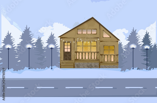 Wood houseon a road in winter Vector. Snowing background illustrations