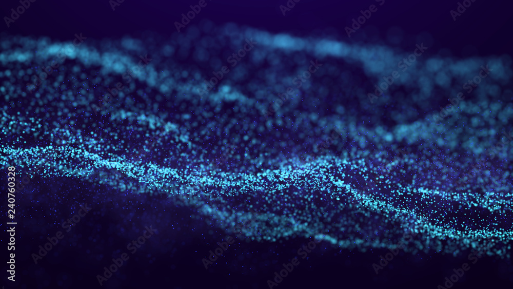 Wave Glow. Wave of particles. Wave 3d. 3d rendering. Futuristic green dots background with a dynamic wave. Abstract Big Data Visualization. - obrazy, fototapety, plakaty 