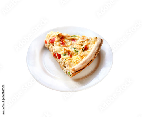 Chicken tart with paprika and goat cheese isolated on whte background with clipping path