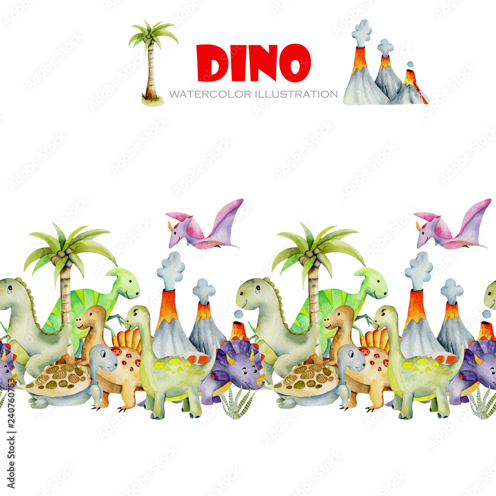 Obraz premium Cute dinosaurs watercolor illustration