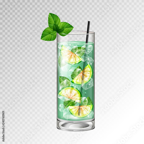 Realistic cocktail mojito glass vector illustration on transparent background