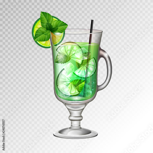 Realistic cocktail mojito glass vector illustration on transparent background