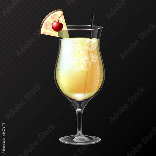 Realistic cocktail pina colada glass vector illustration on transparent background