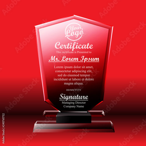 Crystal trophy certificate design template on red background.