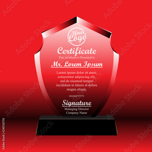 Crystal trophy certificate design template on red background.
