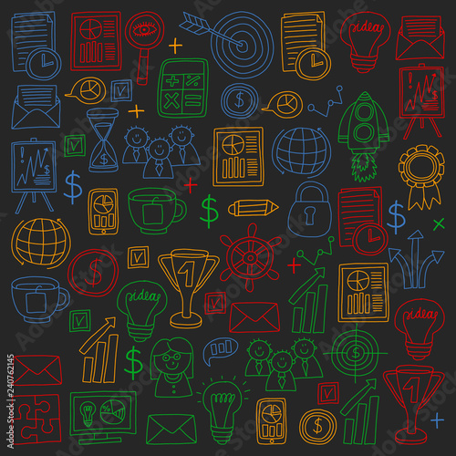 Vector set of bussines icons in doodle style. Colorful pictures on a piece of paper on dark background.