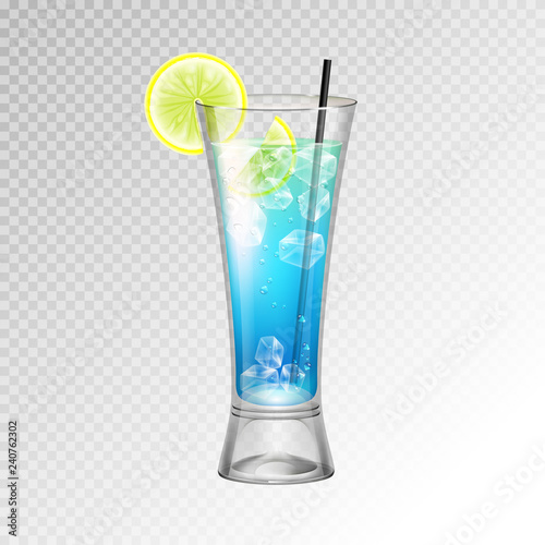 Realistic cocktail blue lagoon glass vector illustration on transparent background