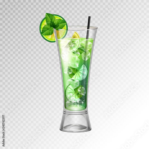 Realistic cocktail mojito glass vector illustration on transparent background