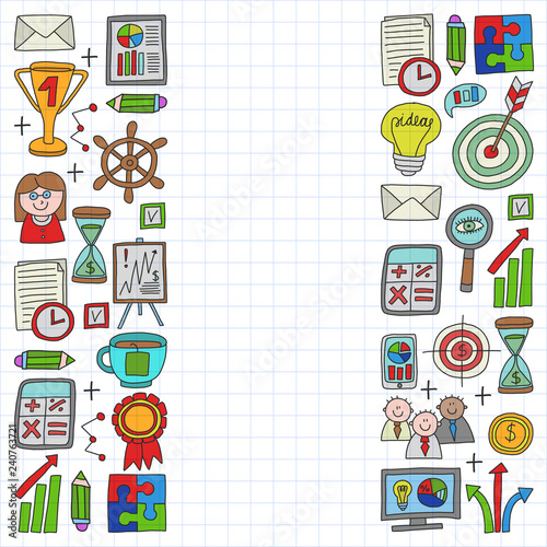 Vector set of bussines icons in doodle style. colorful on a piece of paper on white background.