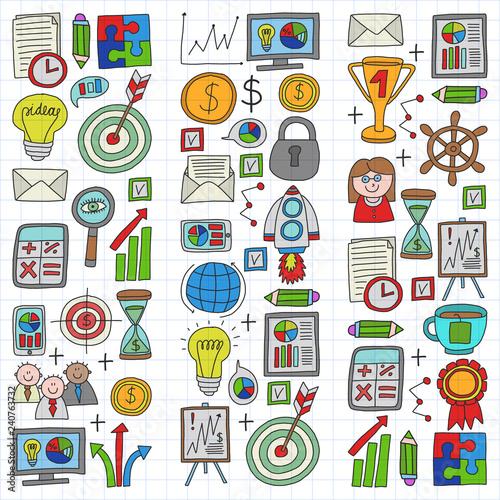 Vector set of bussines icons in doodle style. colorful on a piece of paper on white background.