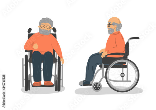 Disabled senior man in wheelchair. Front and side view.