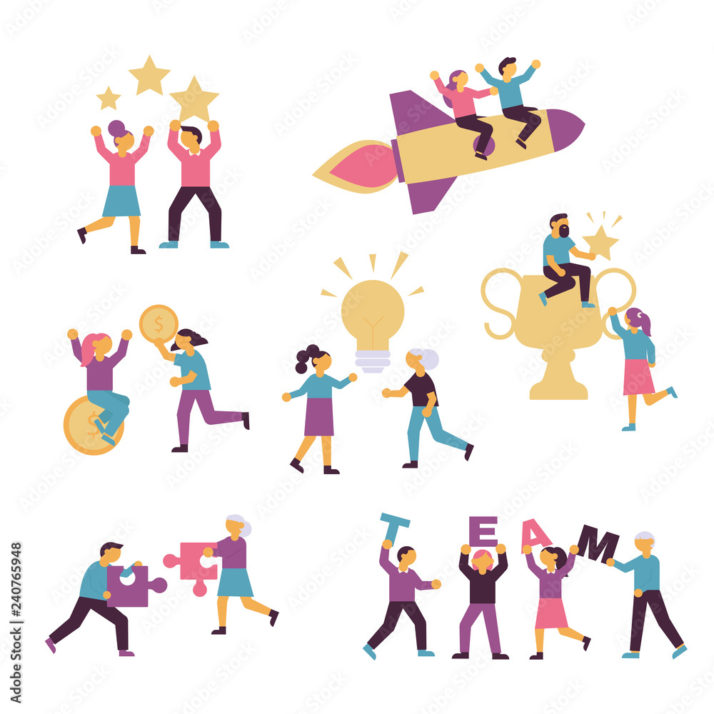 Flat vector creative teamwork concept with cute simple people.