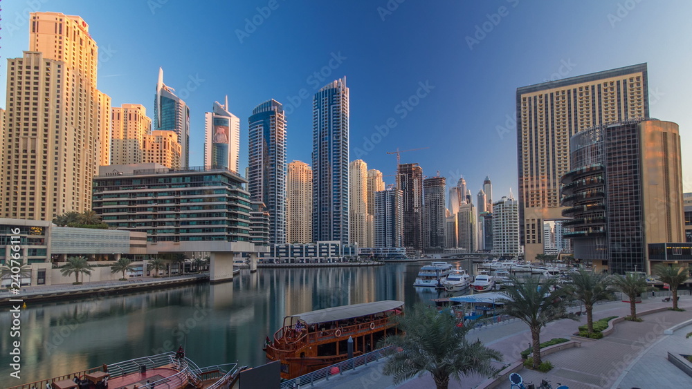 Morning view of Dubai Marina Towers and canal in Dubai timelapse Morning view of Dubai Marina Towers and canal in Dubai timelapse