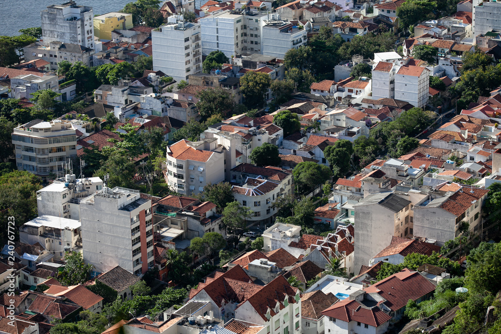 Top down view on an upper class neighbourhood in tropical city Rio de Janeiro