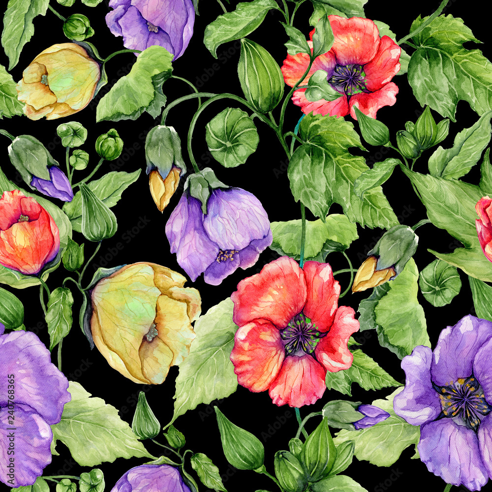 Beautiful abutilon flowers on climbing twigs on black background. Seamless floral pattern. Watercolor painting. Hand painted illustration. Beautiful abutilon flowers on climbing twigs on black background. Seamless floral pattern. Watercolor painting. Hand painted illustration.