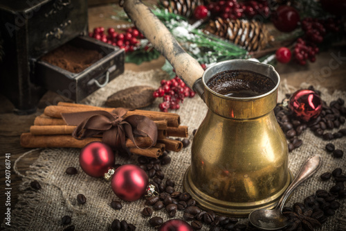 Turkish coffee in copper coffe pot