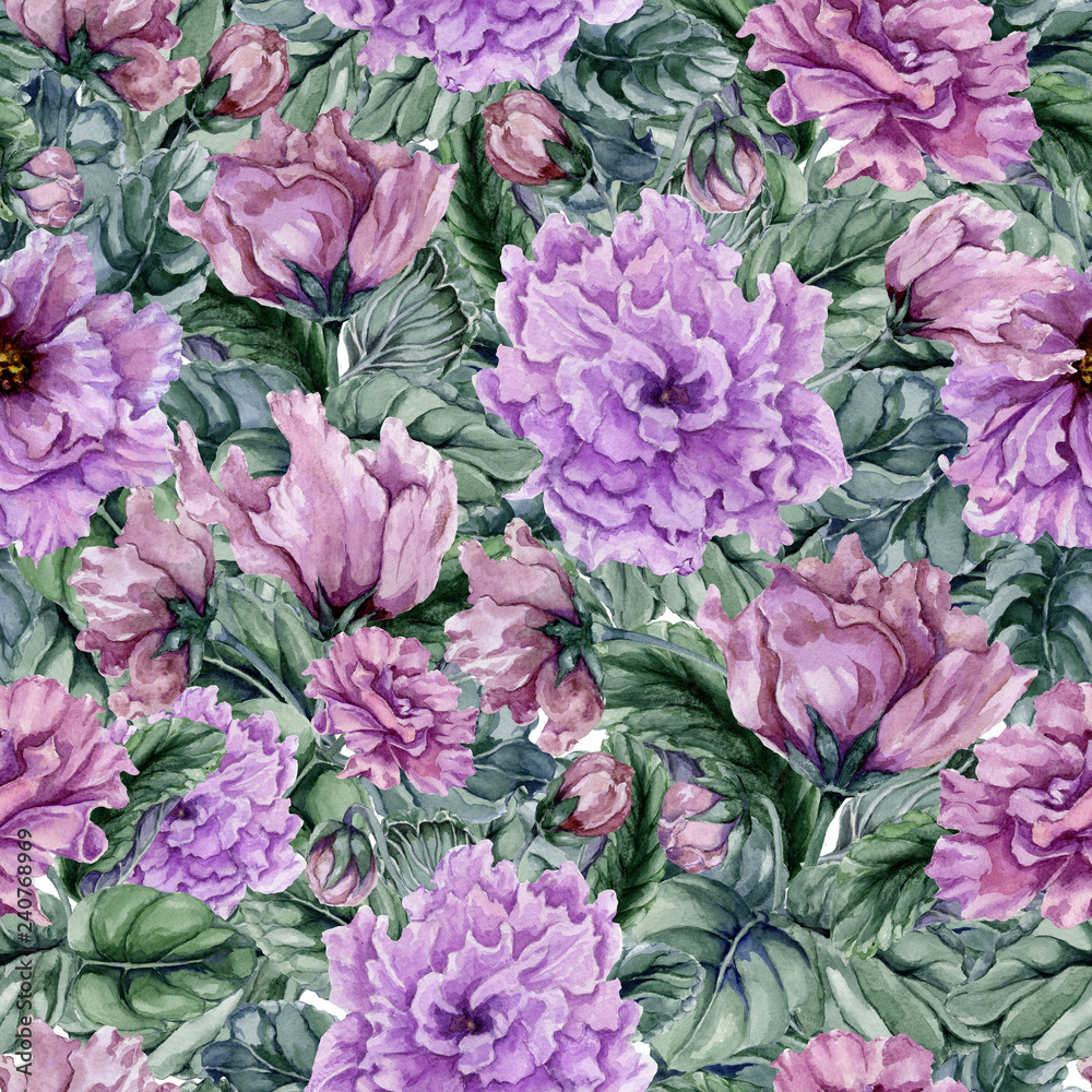Beautiful floral background with purple viola flowers and leaves. Seamless botanical pattern.  Watercolor painting. Hand painted illustration