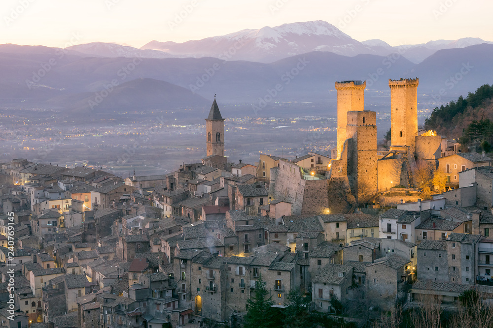 Medieval village of Pacentro in Abruzzo. Italy. Panoramic view at dusk with striking illumination