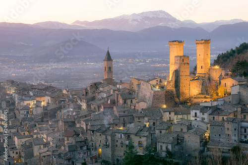 Medieval village of Pacentro in Abruzzo. Italy. Panoramic view at dusk with striking illumination