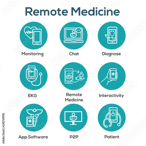 Telemedicine abstract idea with icons illustrating remote health and software