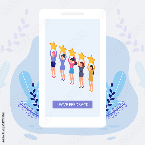 Girls give rate, feedback, screen of smartphone, can use for web, ui, poster and landing page.
