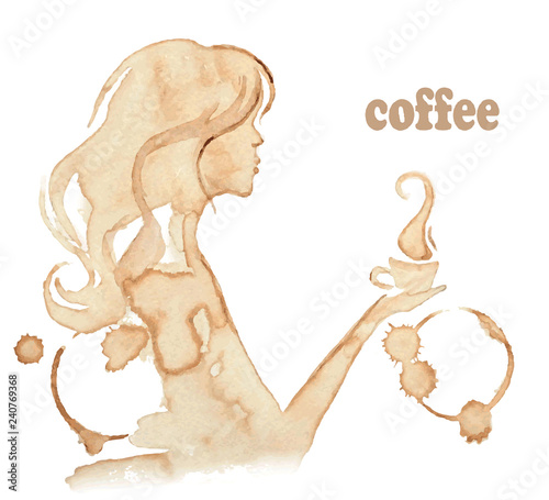 girl drinks coffee, drawing with coffee stains