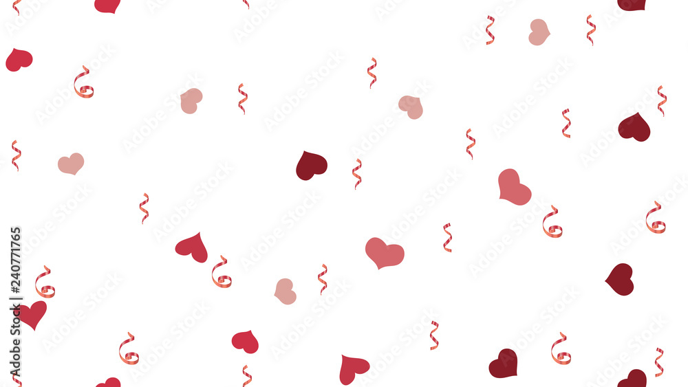 Romantic Pattern of Hearts and Serpentine. The foundation of packaging, textiles, wallpaper, banner, printing. Vector Seamless Pattern on a White fond. Flying Red confetti.