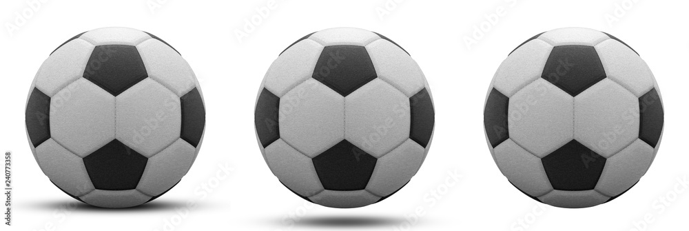 black and white soccer ball in three versions, with and without shadow. Isolated on white. 3d render.