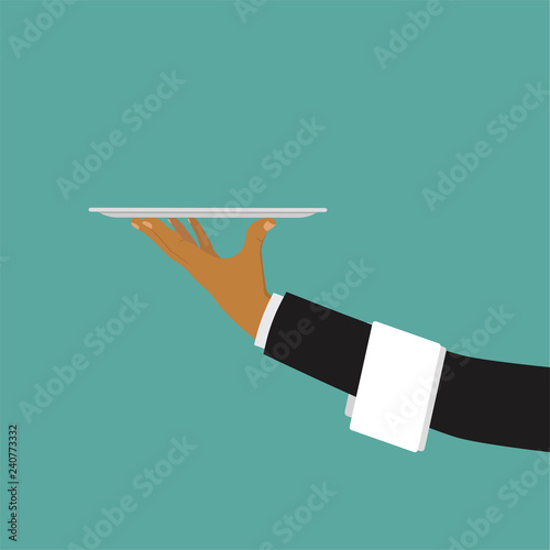 Hand with tray. Hands of the waiter with a tray. Concept service and delivery. Vector illustration.