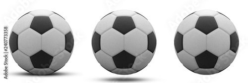 black and white soccer ball in three versions  with and without shadow. Isolated on white. 3d render.