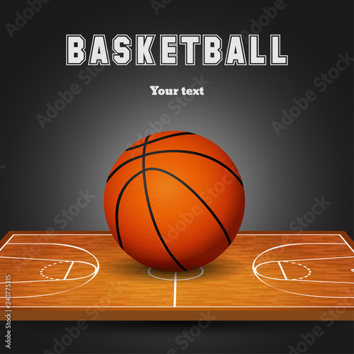 Basketball ball with wooden court background