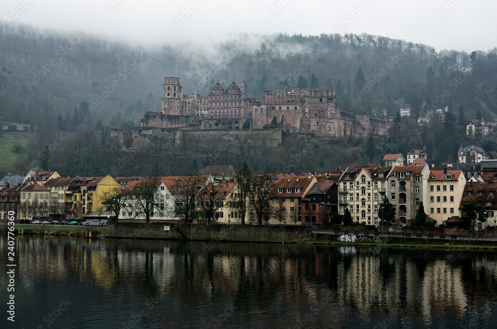 Obraz premium View of the Heidelberg Castle at a foggy day, Heidelberg, Germany
