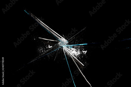 Broken glass texture and background, isolated on black, cracked window effect, clipping path 
