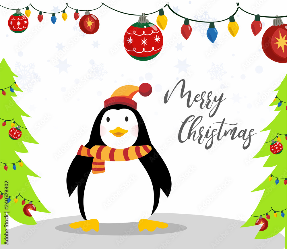 Fototapeta premium Cute merry christmas background with funny penguin vector illustration