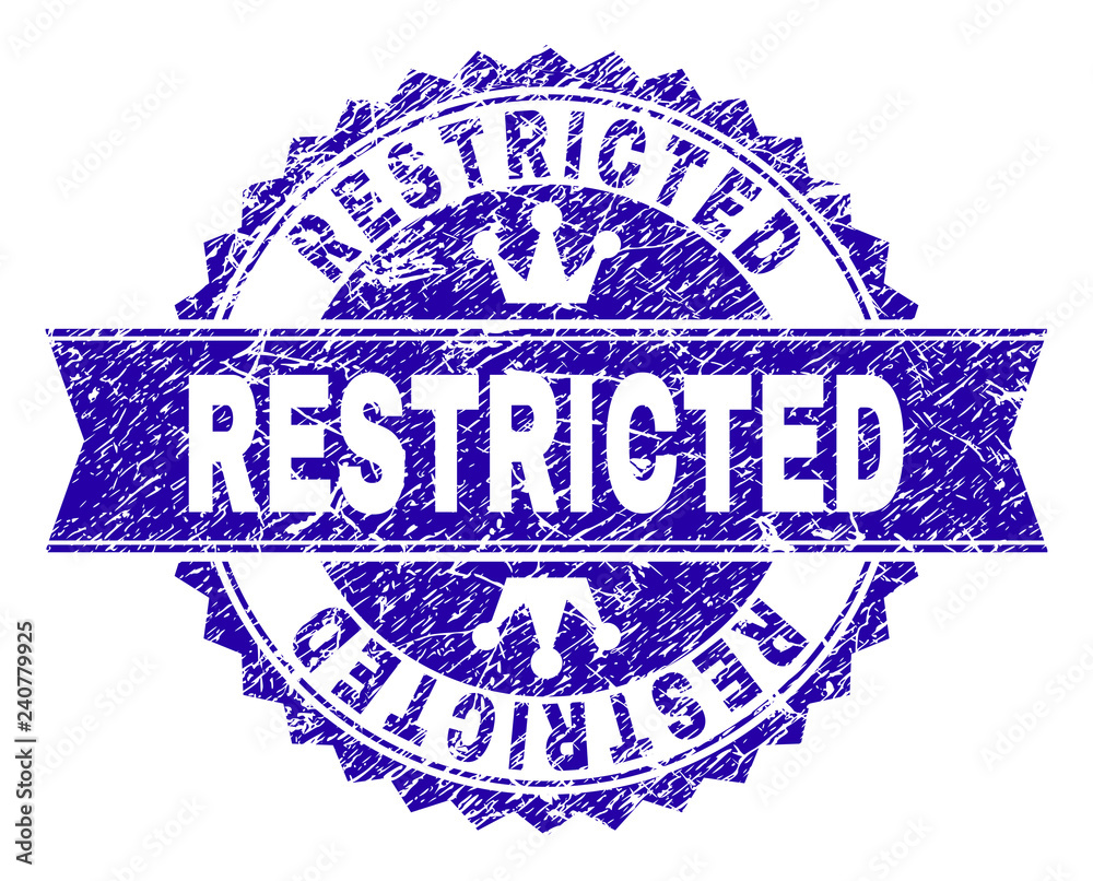 RESTRICTED rosette stamp seal watermark with grunge texture. Designed with round rosette, ribbon and small crowns. Blue vector rubber watermark of RESTRICTED title with corroded texture. RESTRICTED rosette stamp seal watermark with grunge texture. Designed with round rosette, ribbon and small crowns. Blue vector rubber watermark of RESTRICTED title with corroded texture.